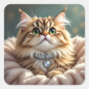Sticker Carré Chat Mignon et Fluffy Blanc