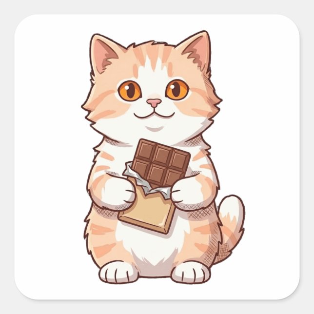 Sticker Carré Chat Mignon et Fluffy Mangeant une Tablette de Cho (Devant)