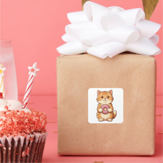 Sticker Carré Chat Mignon et Fluffy Tenant un Donut Rose Dessin 