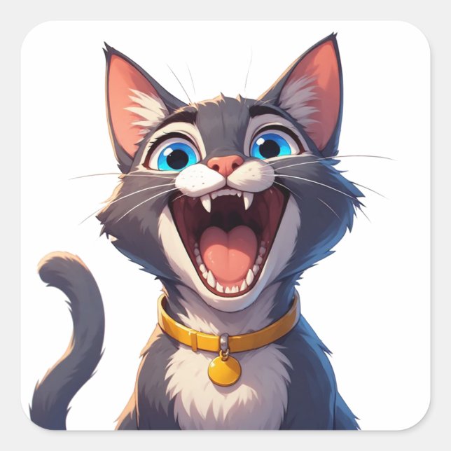 Sticker Carré Chat mignon expressif avec collier et yeux bleus � (Devant)
