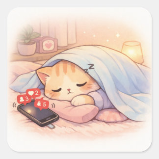 Sticker Carré Chat mignon ignorant le téléphone Humour introvert