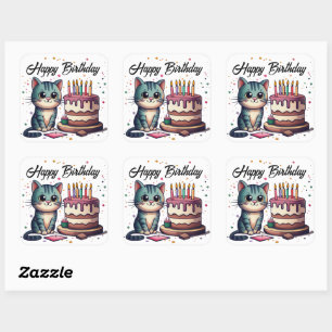 Sticker Carré Chat mignon Joyeux anniversaire