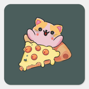 Sticker Carré Chat Mignon Kawaii Enlaçant une Pizza au Pepperoni