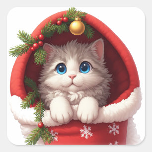 Sticker Carré 🎅 Chat Mignon Sortant d'une Chaussette de Fête 🐾