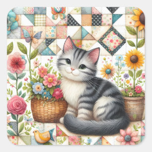 Sticker Carré Chat mignon sur courtepoint fleurie Cottagecore