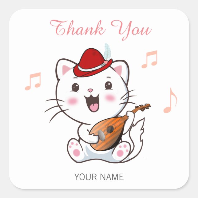 Sticker Carré Chat musical barde avec mandoline Merci (Devant)