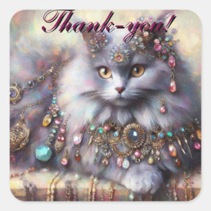 Sticker Carré Chat Nebelung Gris à Poils Longs Bijou Bijoux
