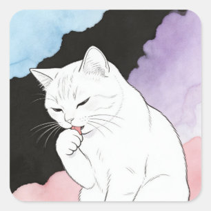 Sticker Carré Chat nettoyant sa patte