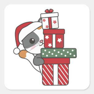 Sticker Carré Chat Noël Cadeau d'hiver Animaux Chats Carré Stic