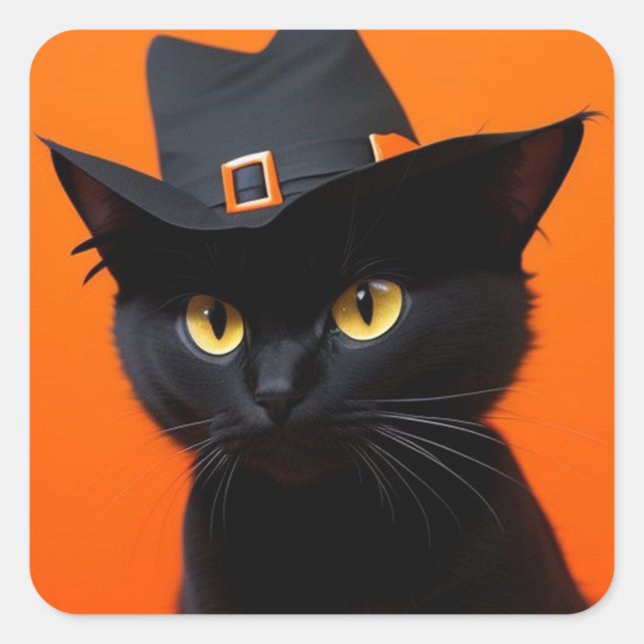 Sticker Carré Chat noir (Close-up of a black cat with yellow eyes wearing a black witch hat with an orange buckle!)