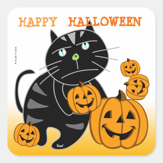 Sticker Carré Chat noir 2 d'autocollant de Jack-o'-lantern (Devant)