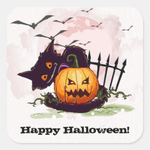 Sticker Carré Chat noir à la caricature Happy Halloween