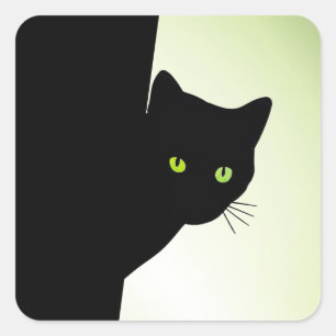Sticker Carré Chat noir à oreille verte