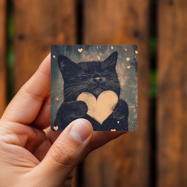 Sticker Carré Chat noir adorable avec coeur doré (Créateur téléchargé)