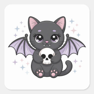 Sticker Carré Chat noir aux ailes de chauve-souris violettes ser