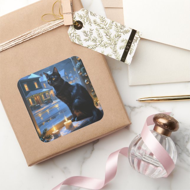 Sticker Carré Chat Noir Avec Décoration de Noël (Cadeaux)
