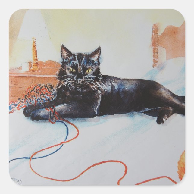 Sticker Carré Chat noir avec Fil (Devant)