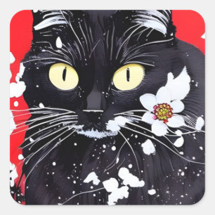 Sticker Carré Chat noir avec Fleurs blanches Arrière - plan roug