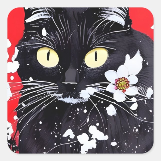 Sticker Carré Chat noir avec Fleurs blanches Arrière - plan roug (Devant)