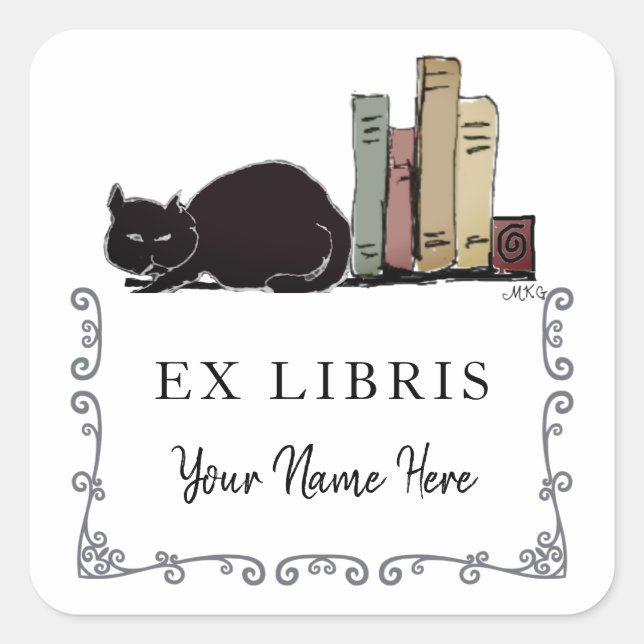 Sticker Carré Chat noir avec livres Cute Hand Drawn Bookplate (Devant)