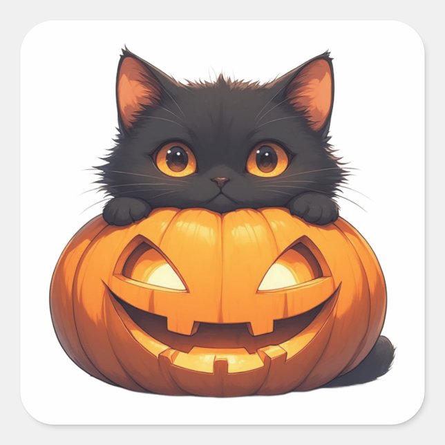 Sticker Carré Chat Noir Avec Présentation De Citrouille Orange (Devant)