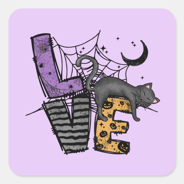 Sticker Carré Chat noir azy en Spider Web avec amour (Devant)