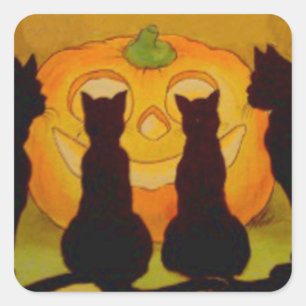 Sticker Carré Chat noir Citrouille Jack-o'-lantern
