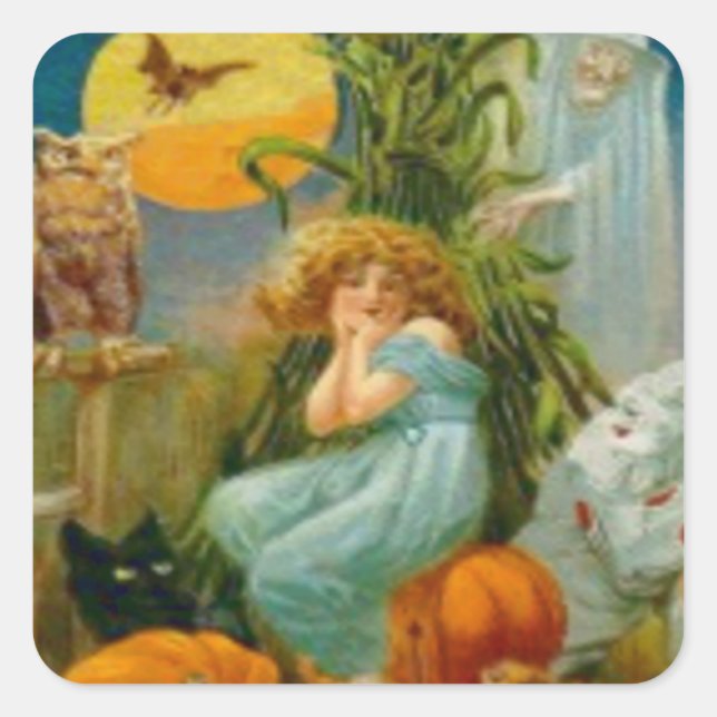 Sticker Carré Chat noir citrouille sorcière Chouette clown Choue (Devant)