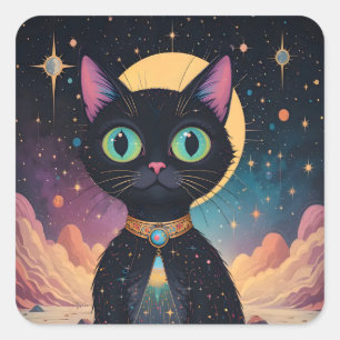 Sticker Carré Chat noir cosmique futuriste atomique au clair de