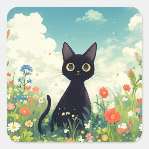 Sticker Carré Chat noir curieux parmi des fleurs colorées