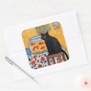 Sticker Carré Chat noir curieux regardant un aquarium