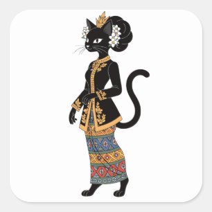 Sticker Carré Chat noir dans l'art traditionnel de Kebaya en bat