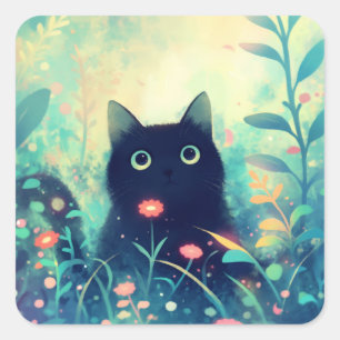 Sticker Carré Chat noir dans une forêt rêveuse de lumières