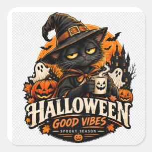 Sticker Carré Chat noir de Halloween Sorcière Bonne ambiance Sai