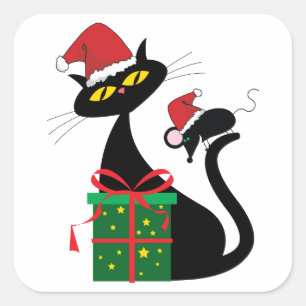 Sticker Carré Chat noir de Noël