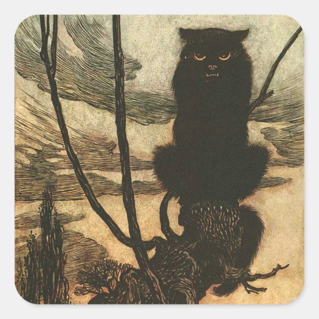 Sticker Carré Chat noir d'Halloween effrayant vintage Rackham (Devant)
