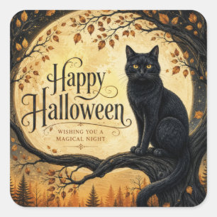 Sticker Carré Chat noir d'Halloween sous la pleine lune et un ar