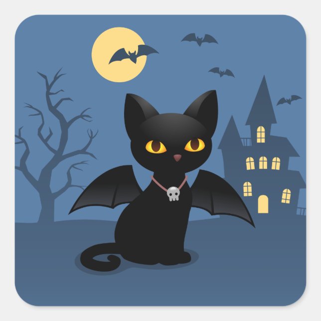Sticker Carré Chat noir d'Halloween vampire avec des ailes (Devant)