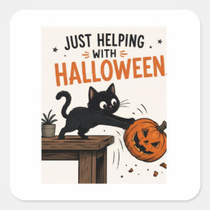 Sticker Carré Chat noir drôle renversant une citrouille Hallowee