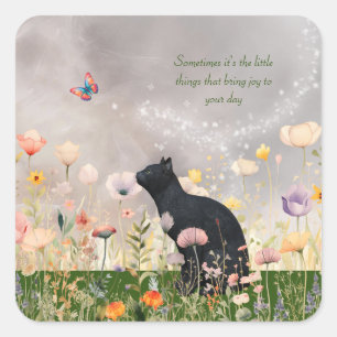 Sticker Carré Chat noir en fleurs