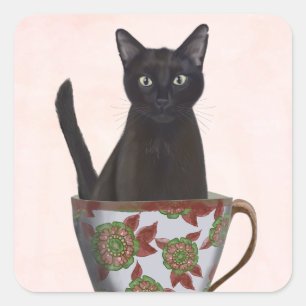 Sticker Carré Chat noir en Teacup