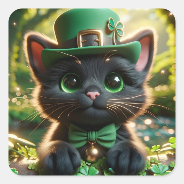 Sticker Carré Chat noir en vert St. Patrick's Day Attire (Devant)