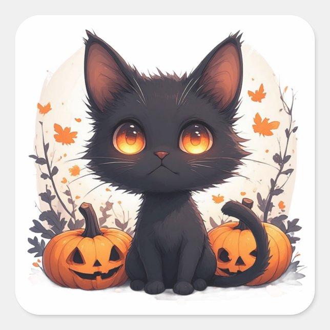 Sticker Carré Chat Noir et Citrouille d'Automne (Devant)