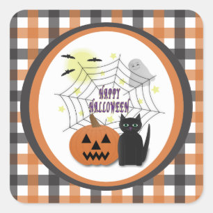Sticker Carré Chat noir et Citrouille pas effrayant Halloween