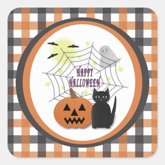 Sticker Carré Chat noir et Citrouille pas effrayant Halloween (Devant)