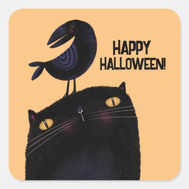 Sticker Carré Chat noir et corbeau (Devant)