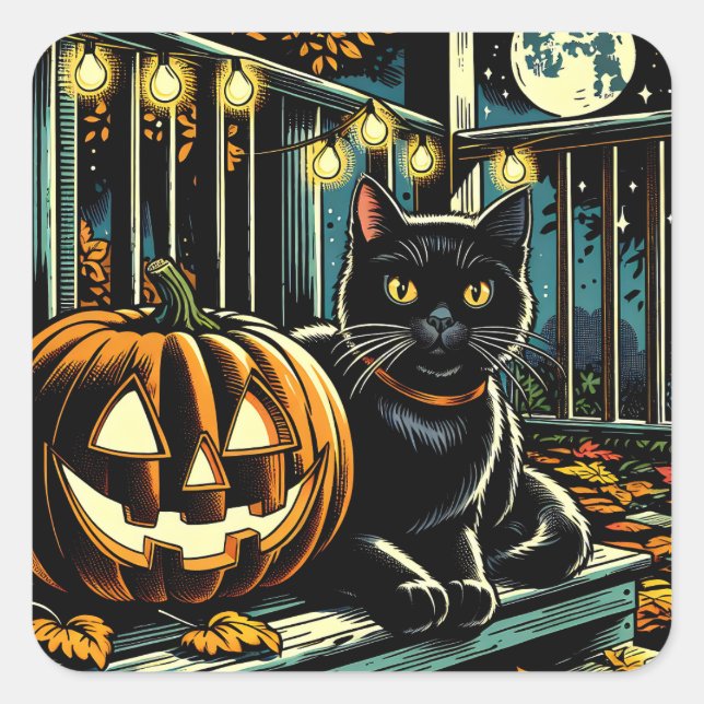 Sticker Carré Chat noir et Halloween Jack-O-Lanterne (Devant)