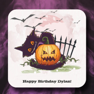 Sticker Carré Chat noir et Jack o' Lantern Halloween