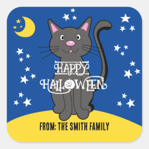 Sticker Carré Chat Noir Étoiles d'Halloween Lune mignonne Enfant