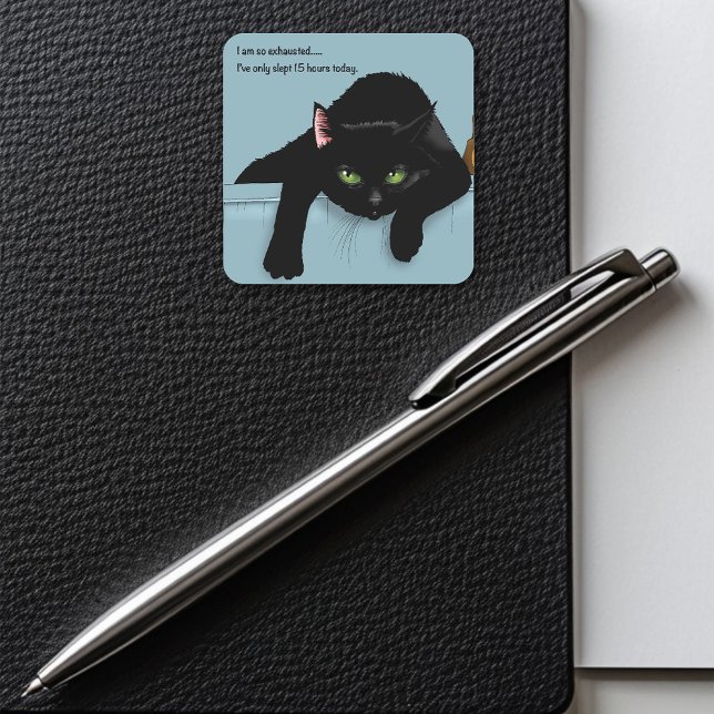 Sticker Carré Chat Noir Fatigué Bleu Drôle (Créateur téléchargé)